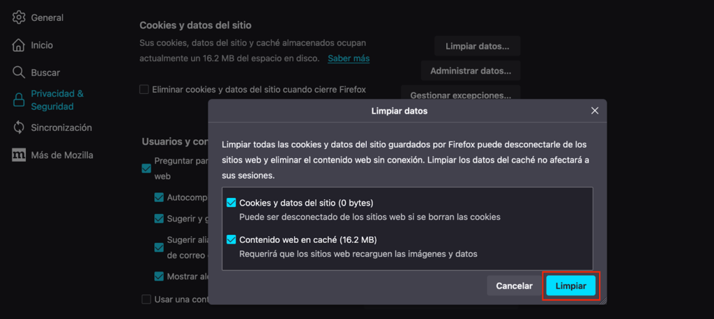 Bot&oacute;n Limpiar datos de Firefox