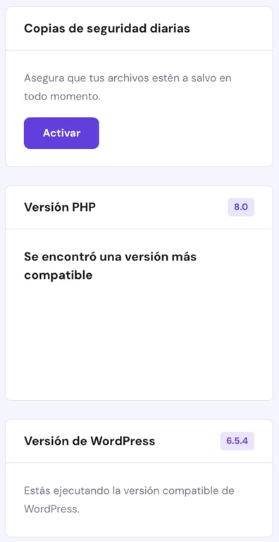 Sección de versión PHP de hPanel