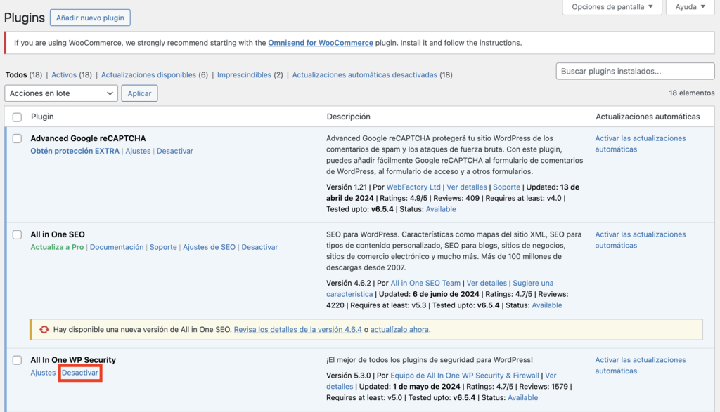 Secci&oacute;n de plugins de WordPress
