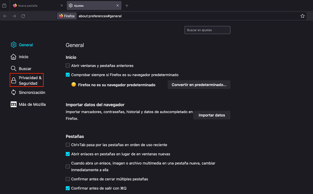 Opci&oacute;n de Privacidad y Seguridad de Firefox