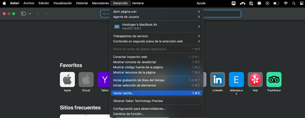 Opci&oacute;n Vaciar cach&eacute; de Safari