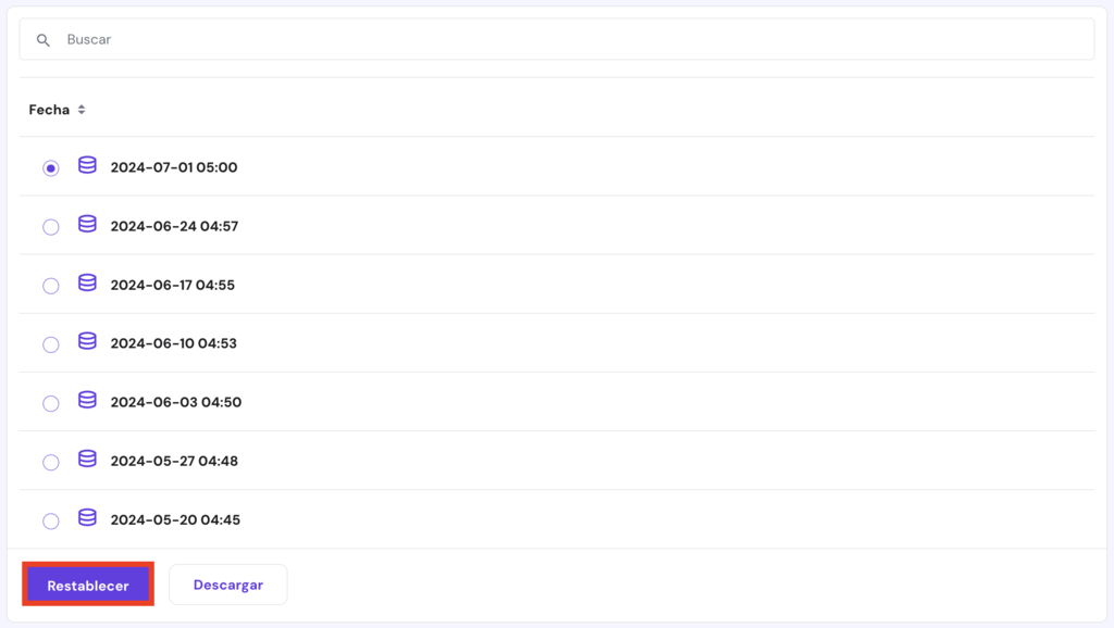 Secci&oacute;n de Copias de seguridad de base de datos en hPanel