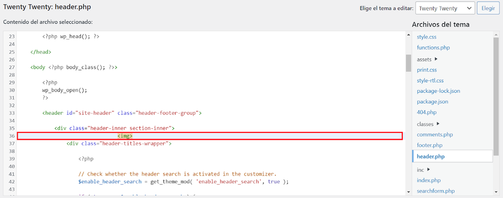 Ejemplo de c&oacute;mo insertar imagen en HTML en el Editor de temas de WordPress