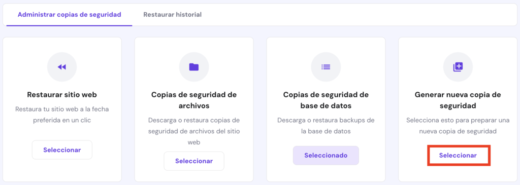Opci&oacute;n de Generar nueva copia de seguridad en hPanel