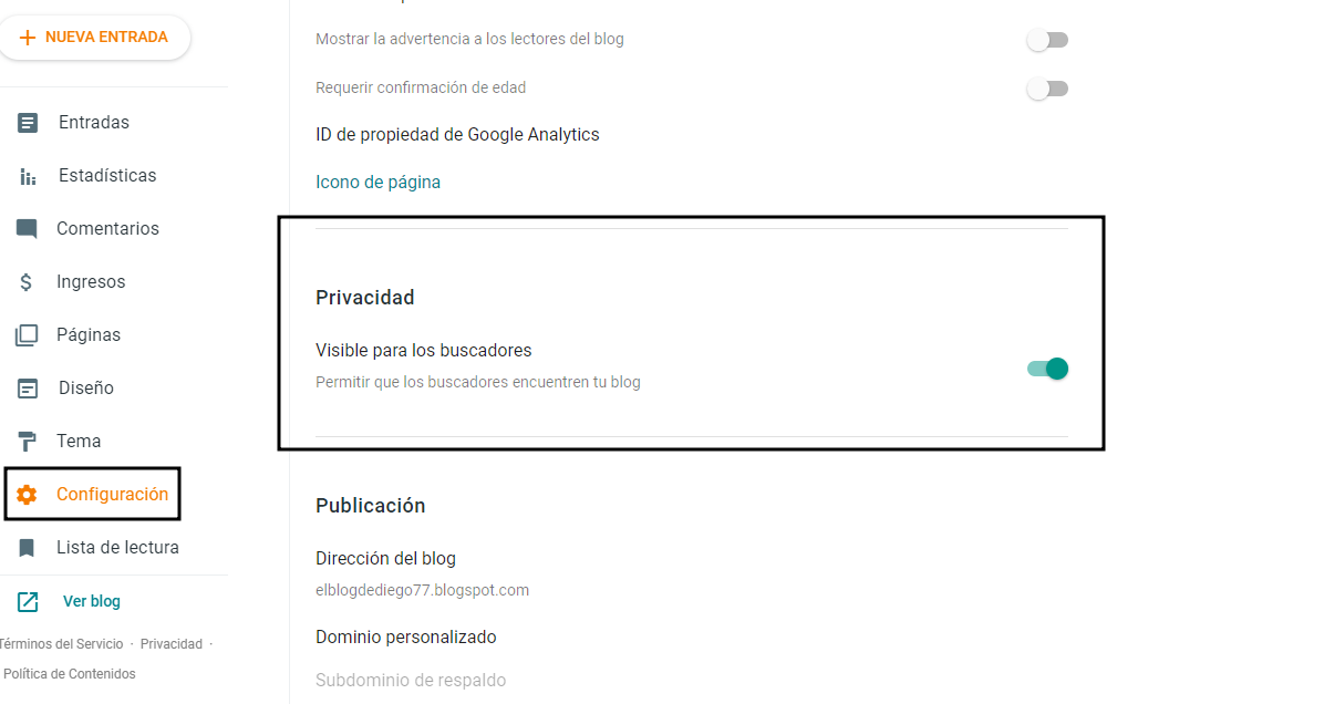 Sección de configuración en Blogger