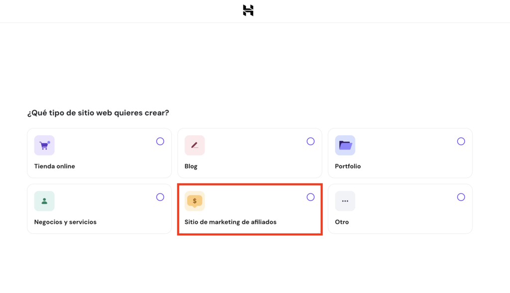 Opci&oacute;n Sitio de marketing de afiliados del creador de Hostinger