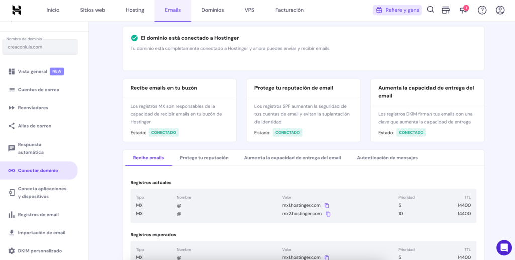 Conexión del dominio al correo de Hostinger