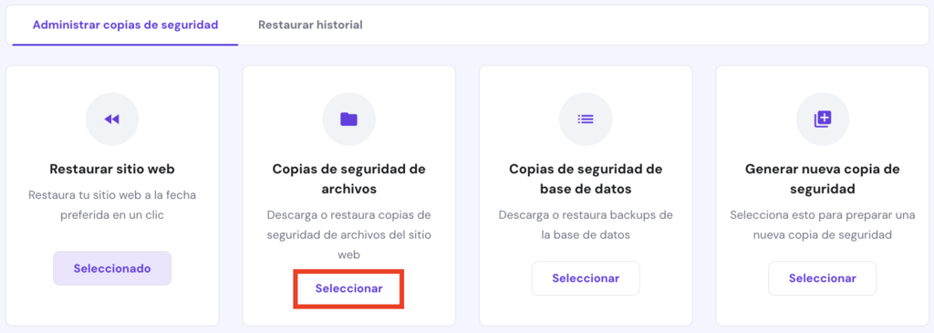 Secci&oacute;n de copias de seguridad en hPanel