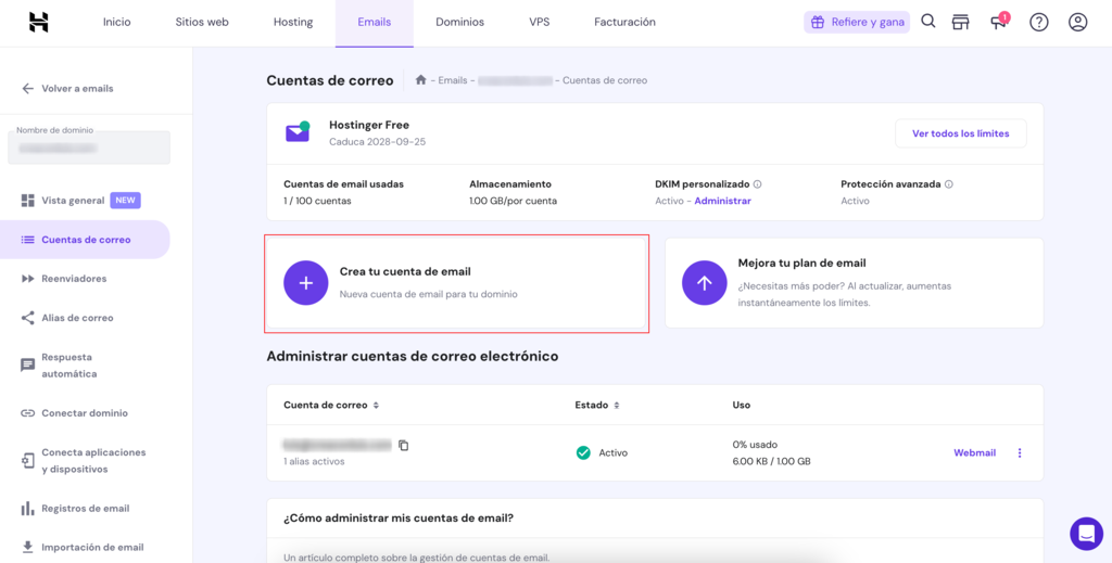 Crear cuenta de correo en Hostinger