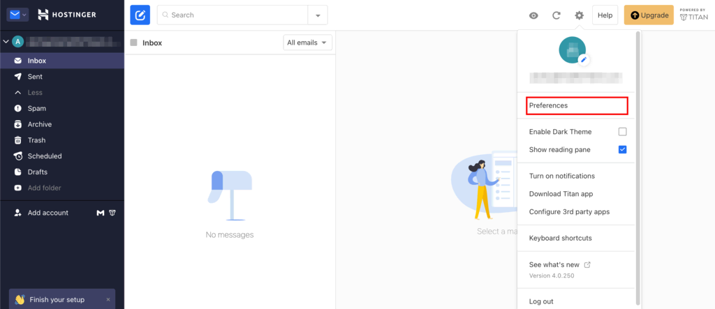 Panel de preferencias del correo de Titan