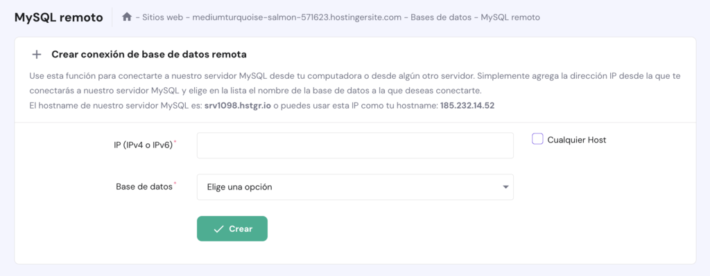 Sección de MySQL remoto en hPanel