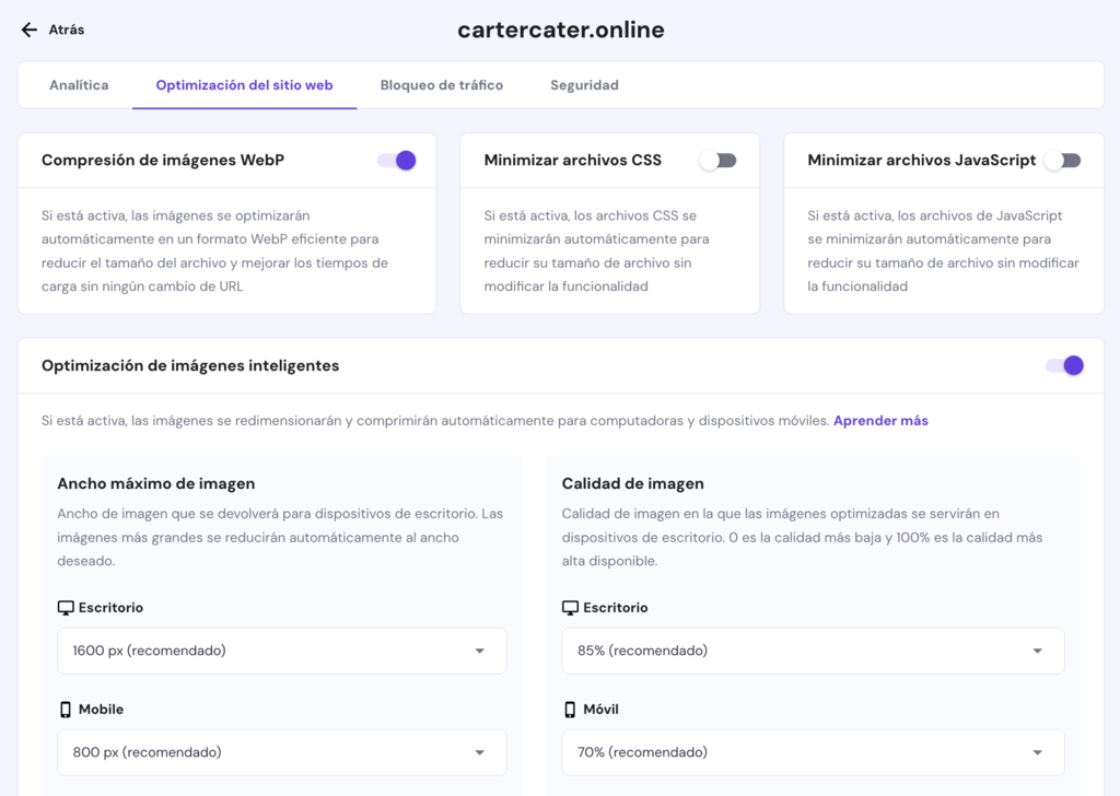 Optimización web en hPanel