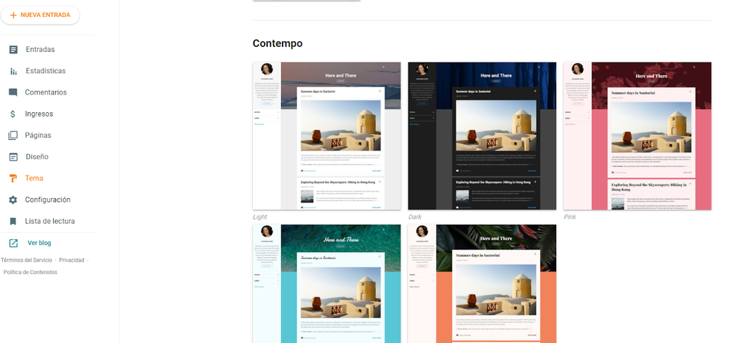 Sección de temas de Blogger