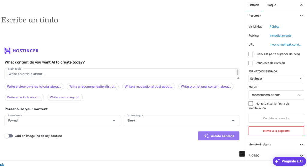 Generador de contenido con IA de Hostinger