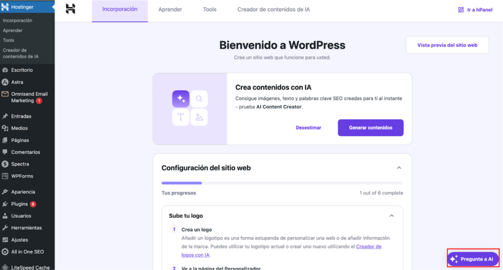 Bot&oacute;n de Preguntar a la IA de Hostinger