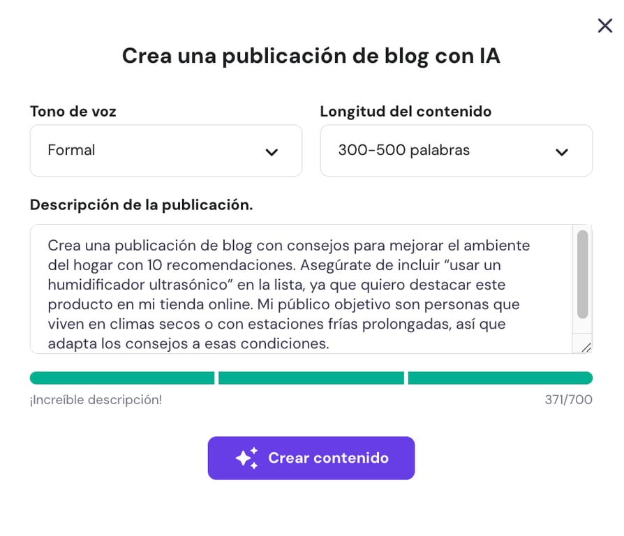 Generador de contenido con IA de Hostinger