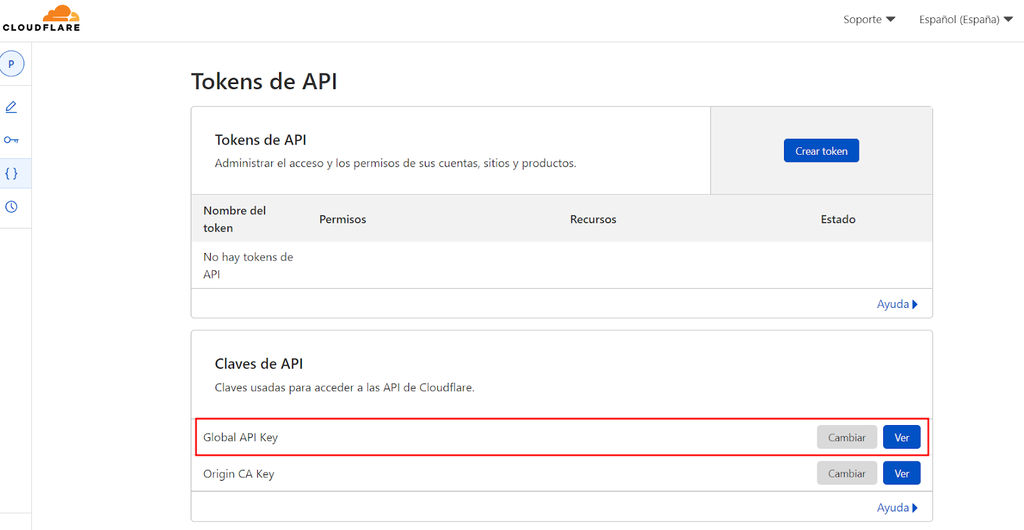 Secci&oacute;n de tokens de API de Cloudflare