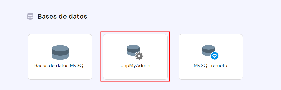 Secci&oacute;n de Bases de datos de hPanel