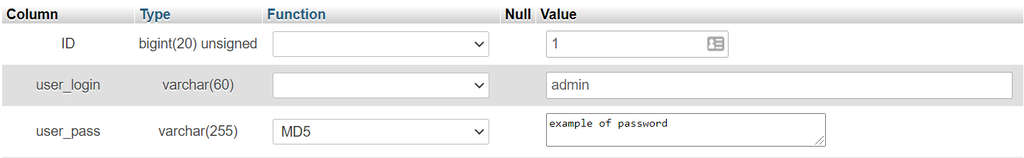 Secci&oacute;n para editar credenciales de usuarios de phpMyAdmin
