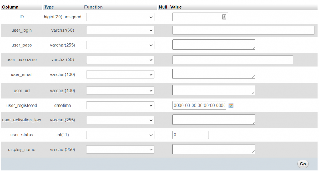 Secci&oacute;n de Insertar de phpMyAdmin