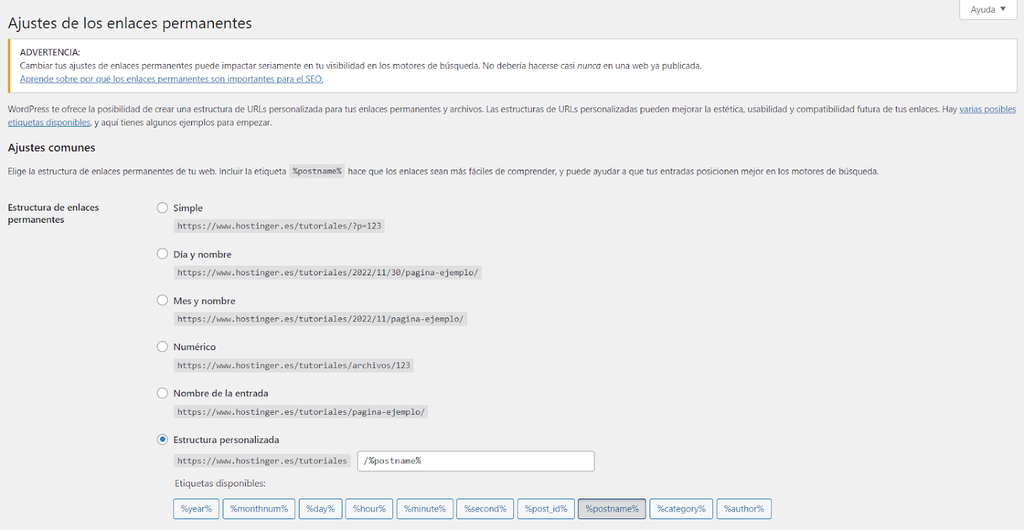 Secci&oacute;n de enlaces permanentes de WordPress