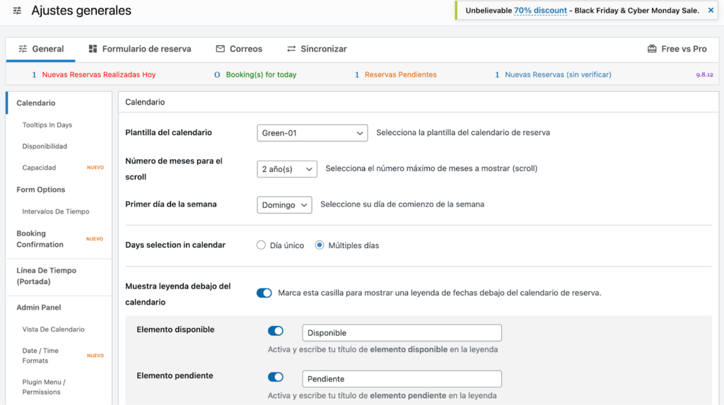 Ajustes generales de Booking Calendar en WordPress