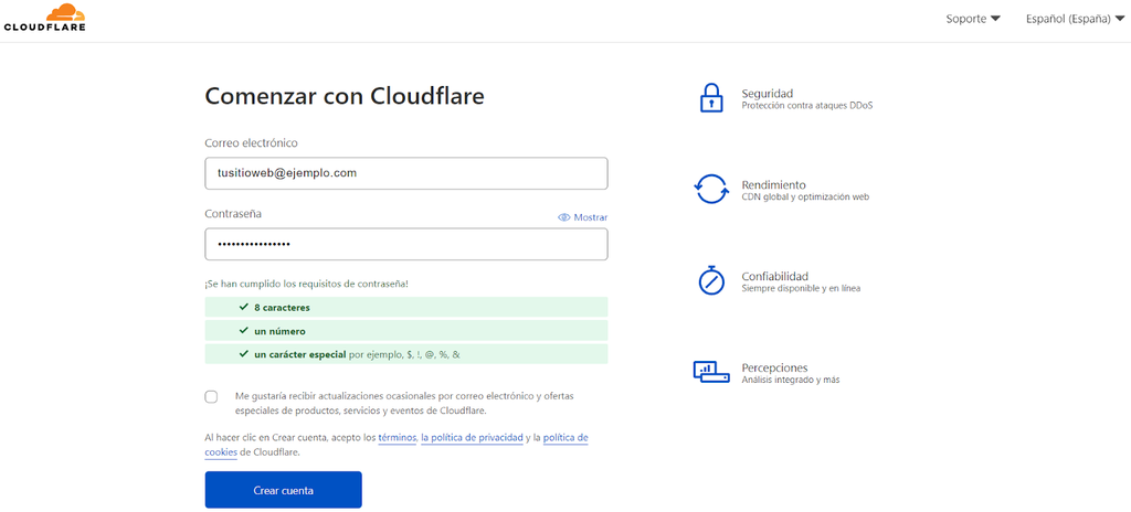 P&aacute;gina para crear una cuenta en Cloudflare