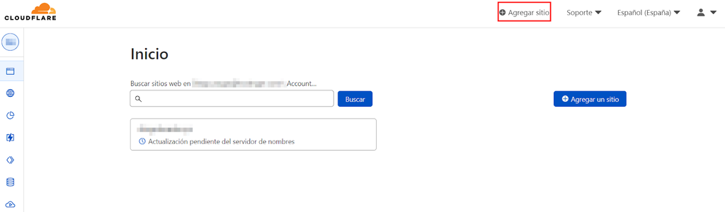 Secci&oacute;n para agregar sitio en Cloudflare