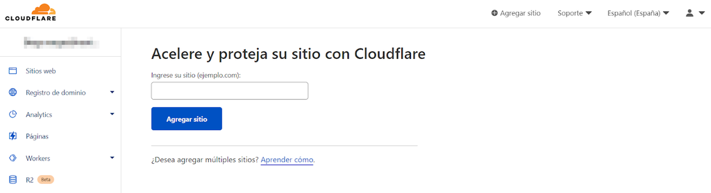 Secci&oacute;n para a&ntilde;adir la URL de sitio en Cloudflare