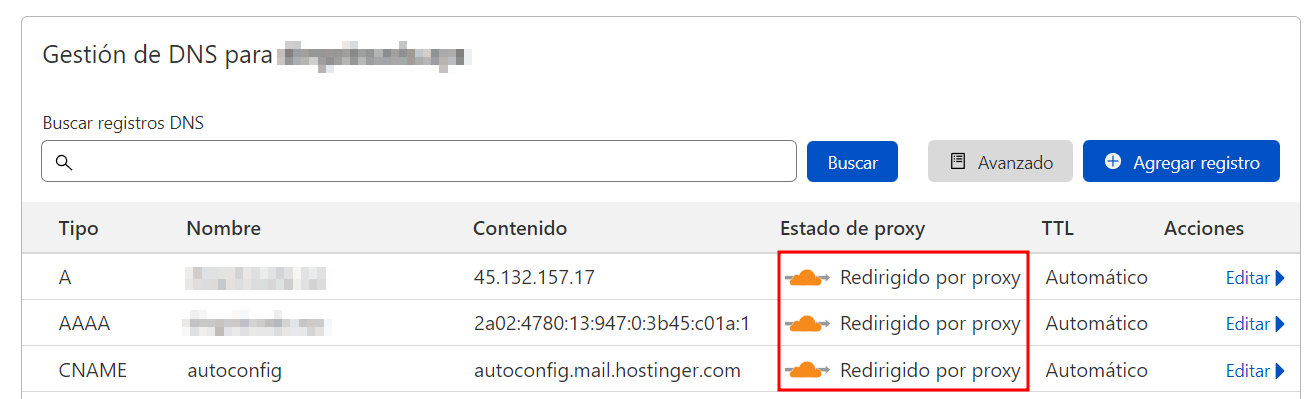 Secci&oacute;n de Cloudflare para gestionar DNS de un dominio