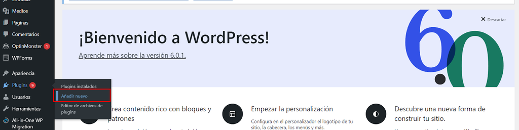 Secci&oacute;n para a&ntilde;adir plugin en WordPress