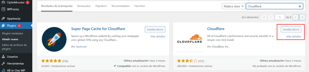 Secci&oacute;n de b&uacute;squeda de plugins indicando el plugin de Cloudflare