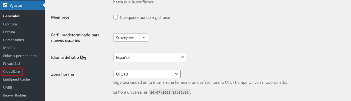 Secci&oacute;n de Cloudflare instalado en WordPress