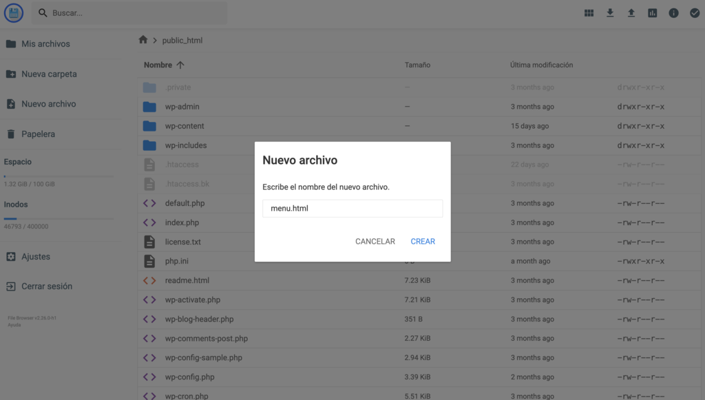 Crear nuevo archivo en hPanel