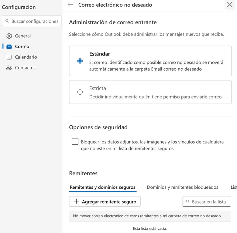 Secci&oacute;n de Correo electr&oacute;nico no deseado en Outlook