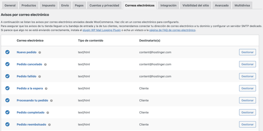 Ajustes de Correos electr&oacute;nicos en WooCommerce