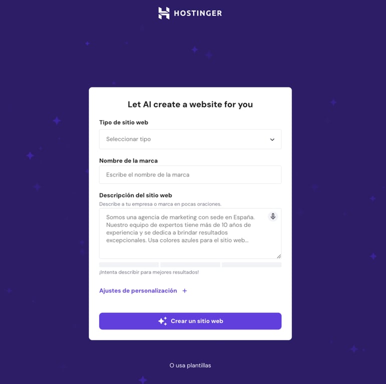 Crear web con IA de Hostinger