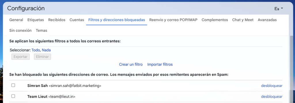 Secci&oacute;n de Filtros y direcciones bloqueadas de Gmail