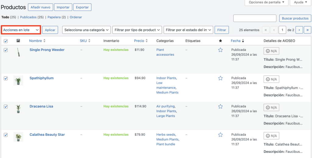 Secci&oacute;n de productos en WP