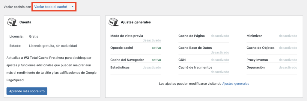 Secci&oacute;n de W3 Total Cache en WP 