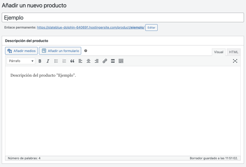 Secci&oacute;n de a&ntilde;adir producto en WordPress