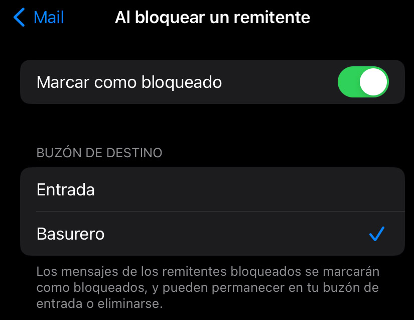 Secci&oacute;n de Al bloquear un remitente en iOS