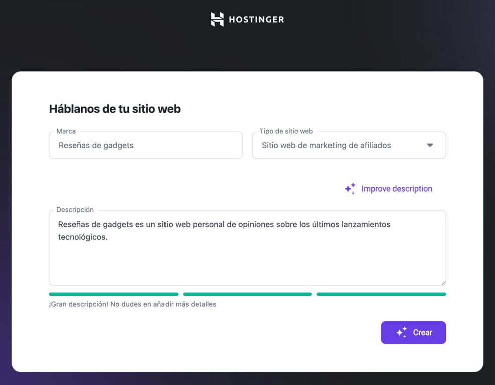 Asistente con IA de Hostinger para crear web de WordPress