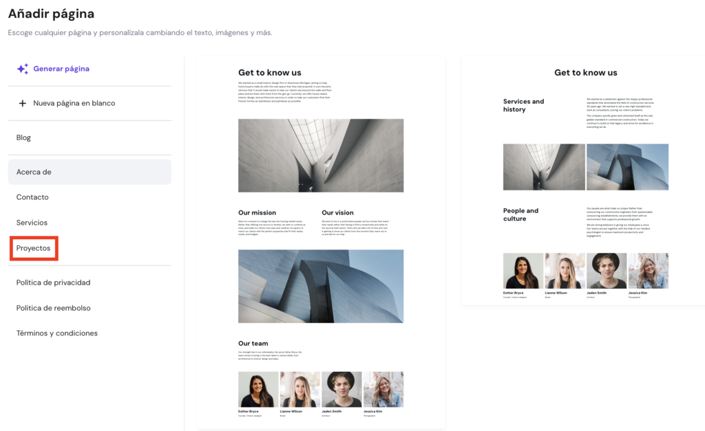 Añadir página en el Creador de sitios web de Hostinger