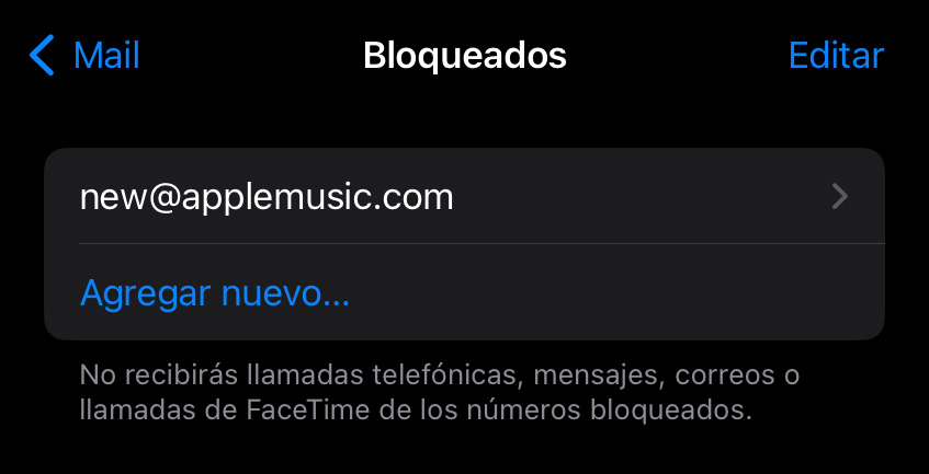 Secci&oacute;n de correos bloqueados de iOS
