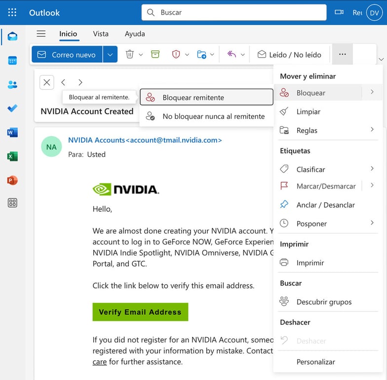 Opci&oacute;n de Bloquear remitente en Outlook