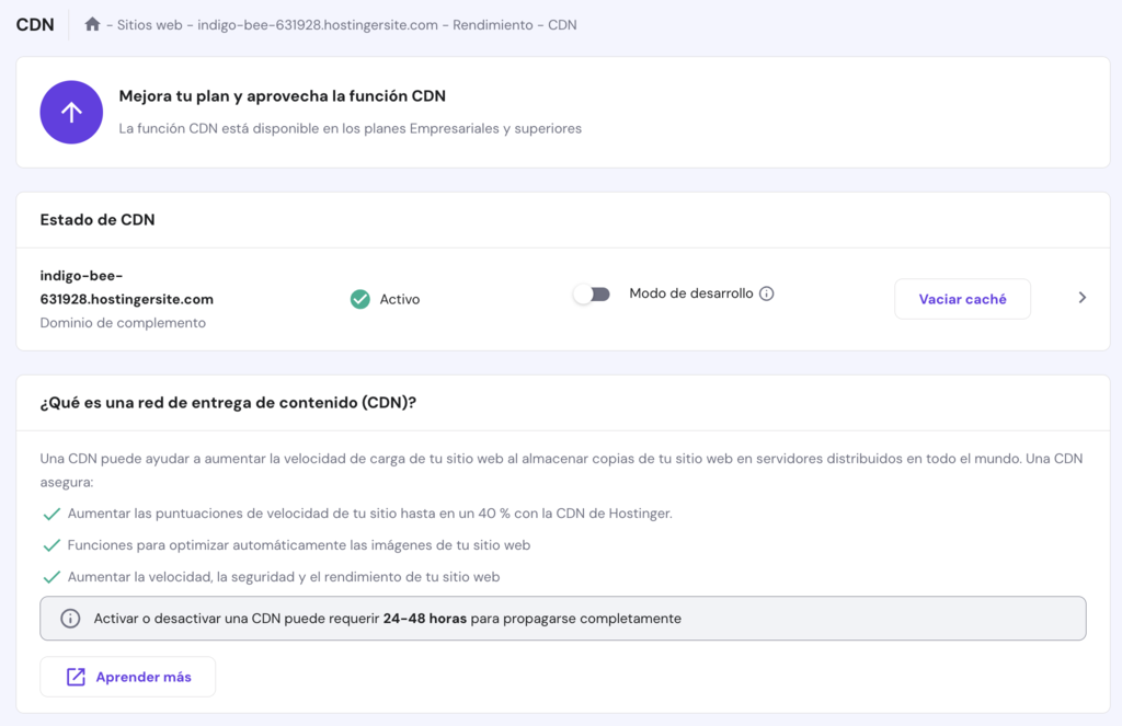 Secci&oacute;n de CDN en hPanel