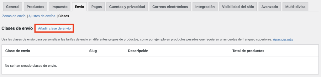 Clases de env&iacute;o en WooCommerce