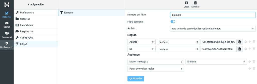 Configuraci&oacute;n de filtros del correo de Hostinger
