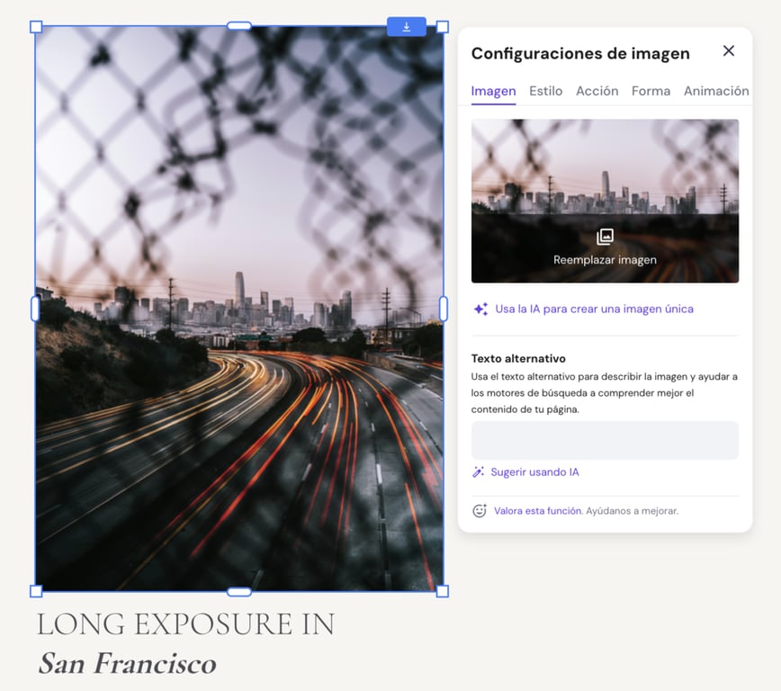 Configuraciones de imagen del Creador de Hostinger